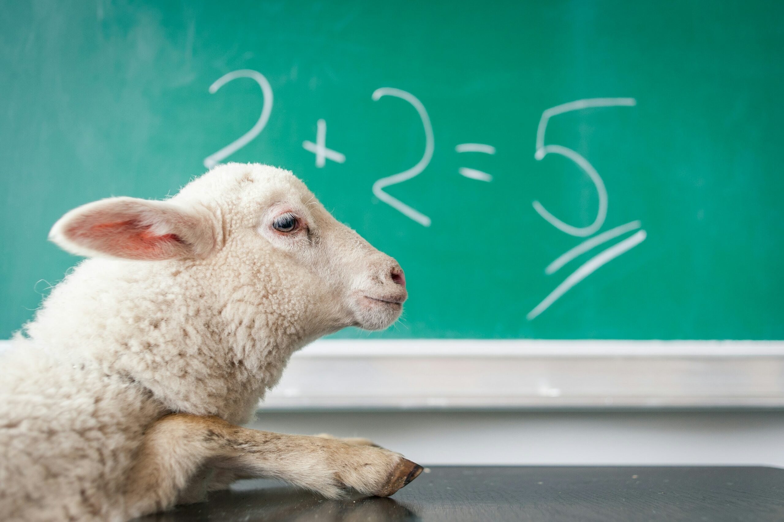 Sheep in front of green chalkboard with 2+2=5 on it.